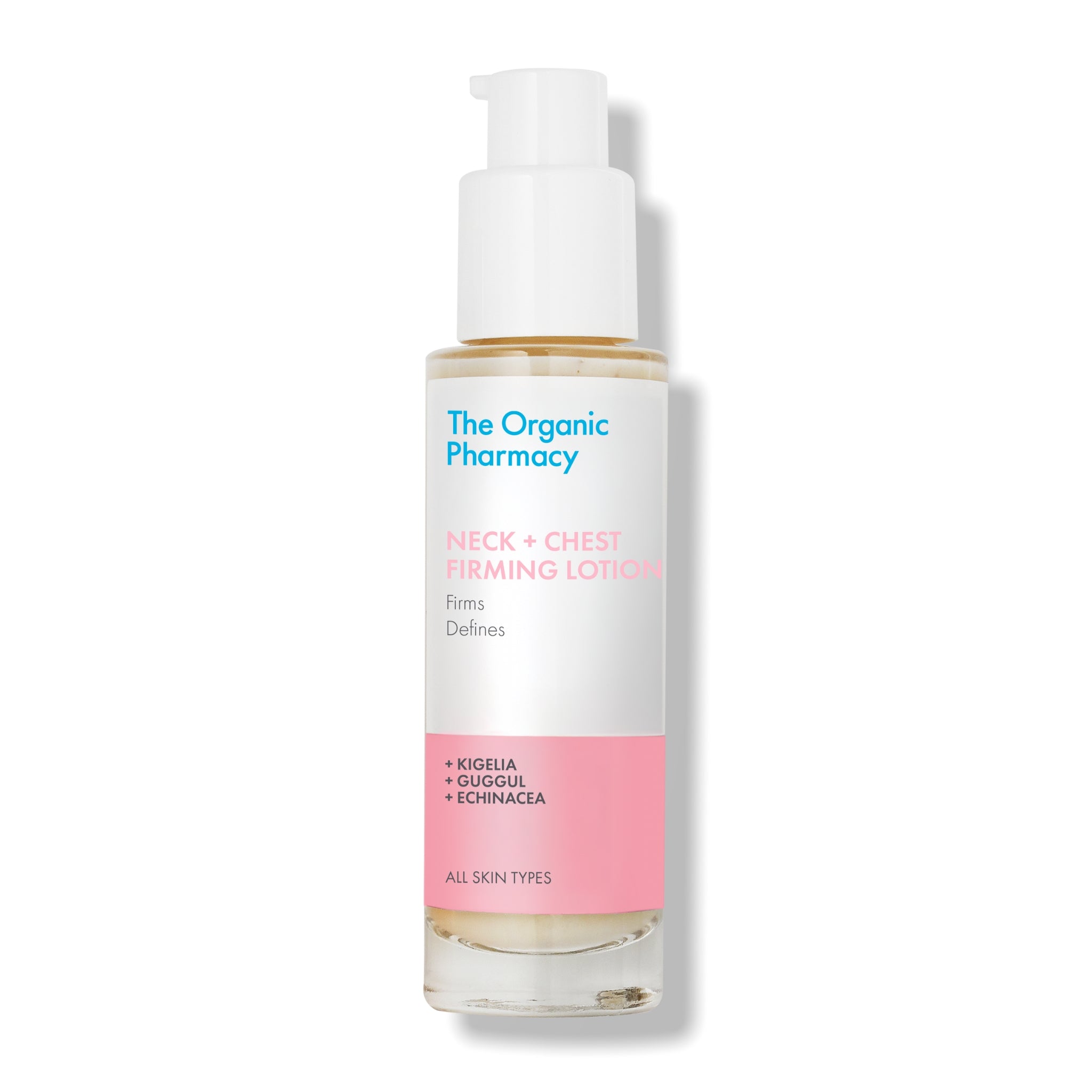 The Organic Pharmacy Neck + Chest Firming Lotion in einer Flasche mit Pumpe auf weißem Hintergrund, Hautpflege