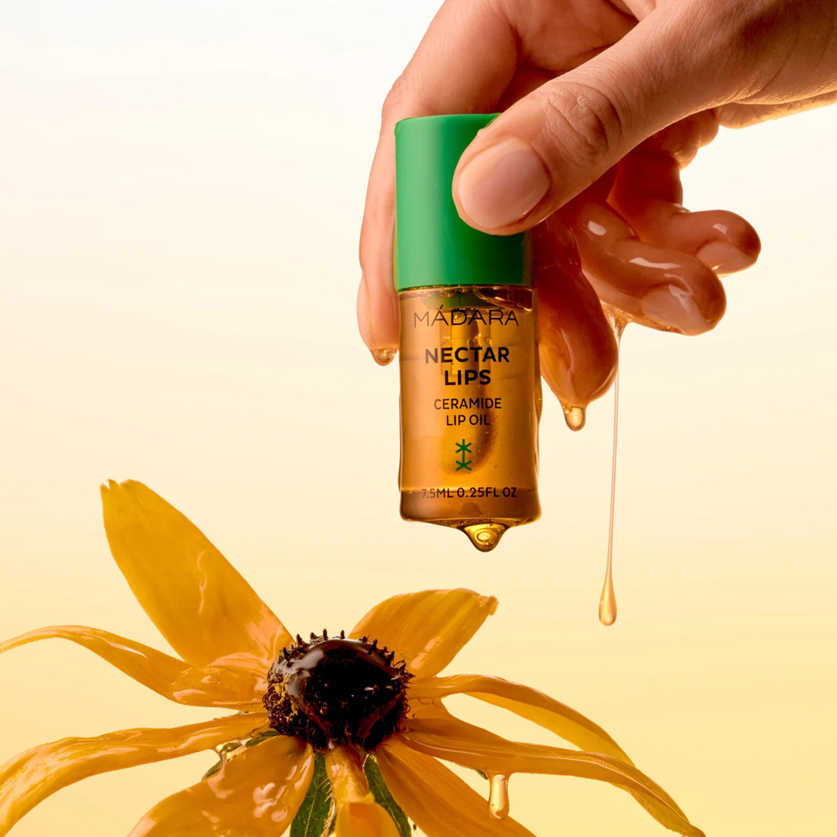 Mádara Nectar Lips Lippenöl, eine kleine Glasflasche mit grünem Deckel über einer gelben Blüte mit herabtropfendem Öl.