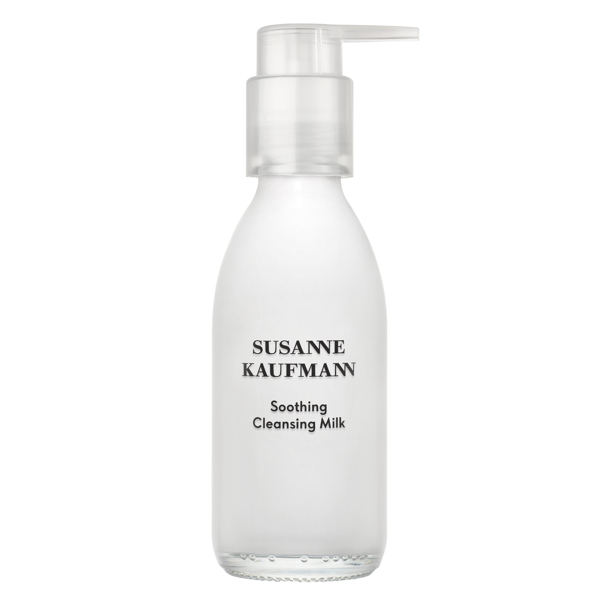 Susanne Kaufmann Flasche mit Pumpe für Pflegende Reinigungsmilch vor weißem Hintergrund, Hautpflege.