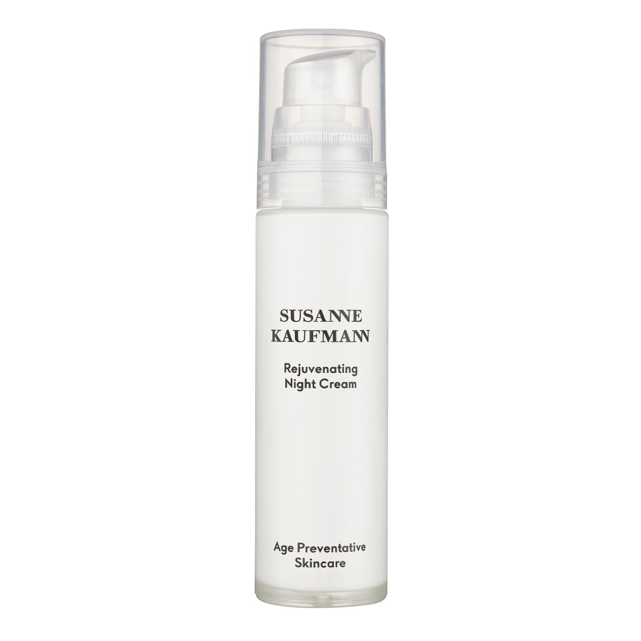 Susanne Kaufmann Rejuvenating Night Cream in Flasche mit Pumpspender vor weißem Hintergrund, Hautpflege