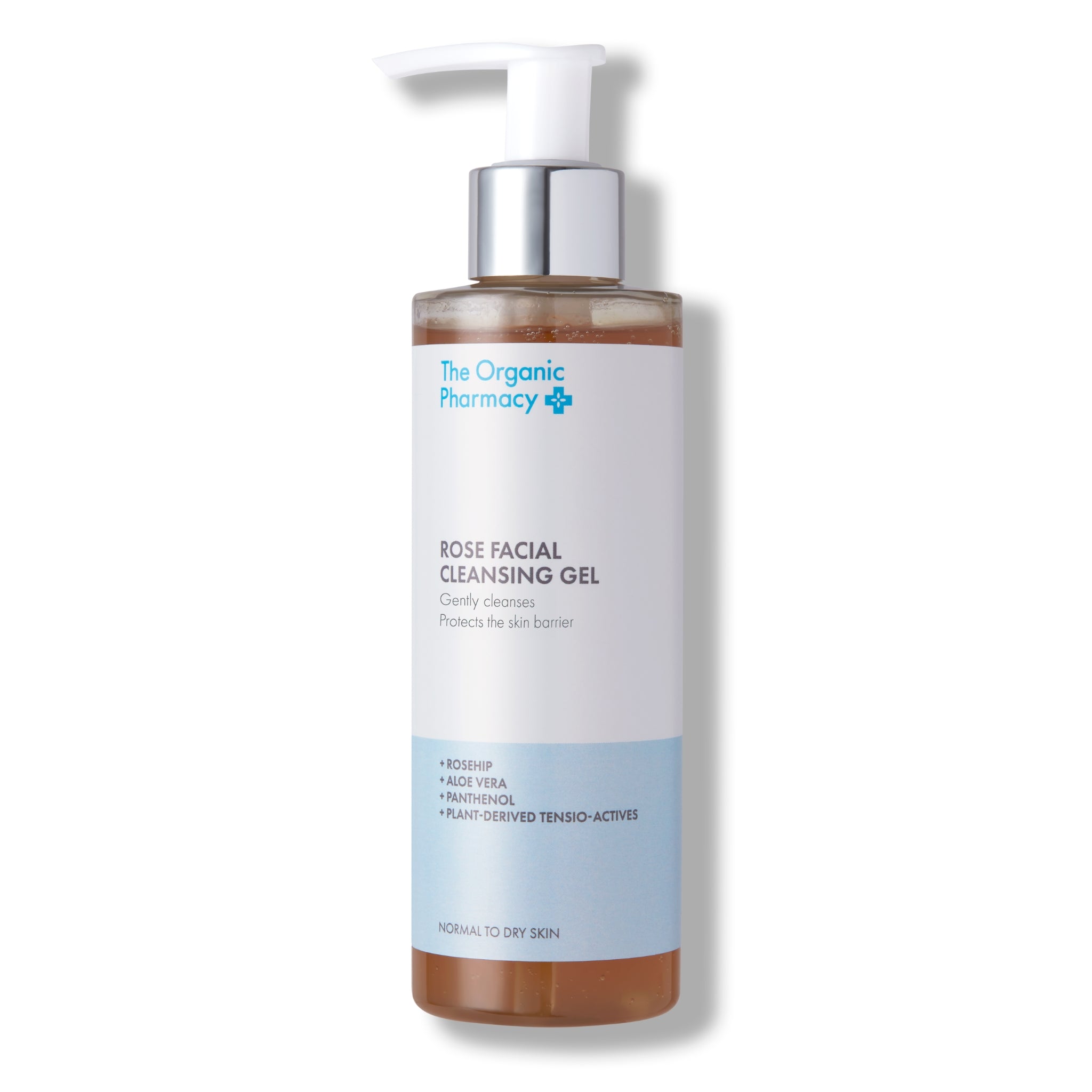 The Organic Pharmacy Rose Facial Cleansing Gel in einer Flasche mit Pumpe auf weißem Hintergrund, Hautpflege
