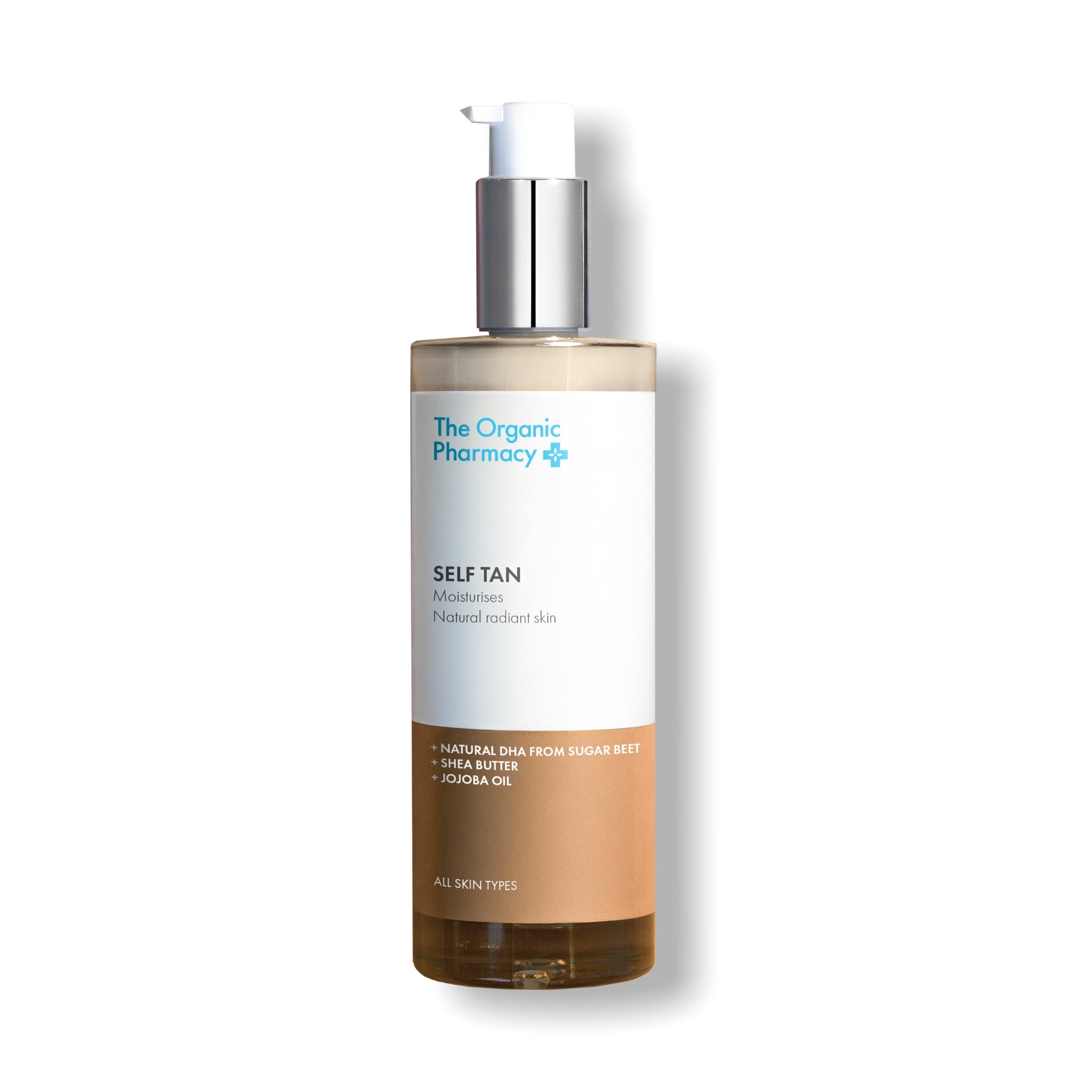 The Organic Pharmacy Self Tan Flasche mit Pumpspender auf weißem Hintergrund, Hautpflege