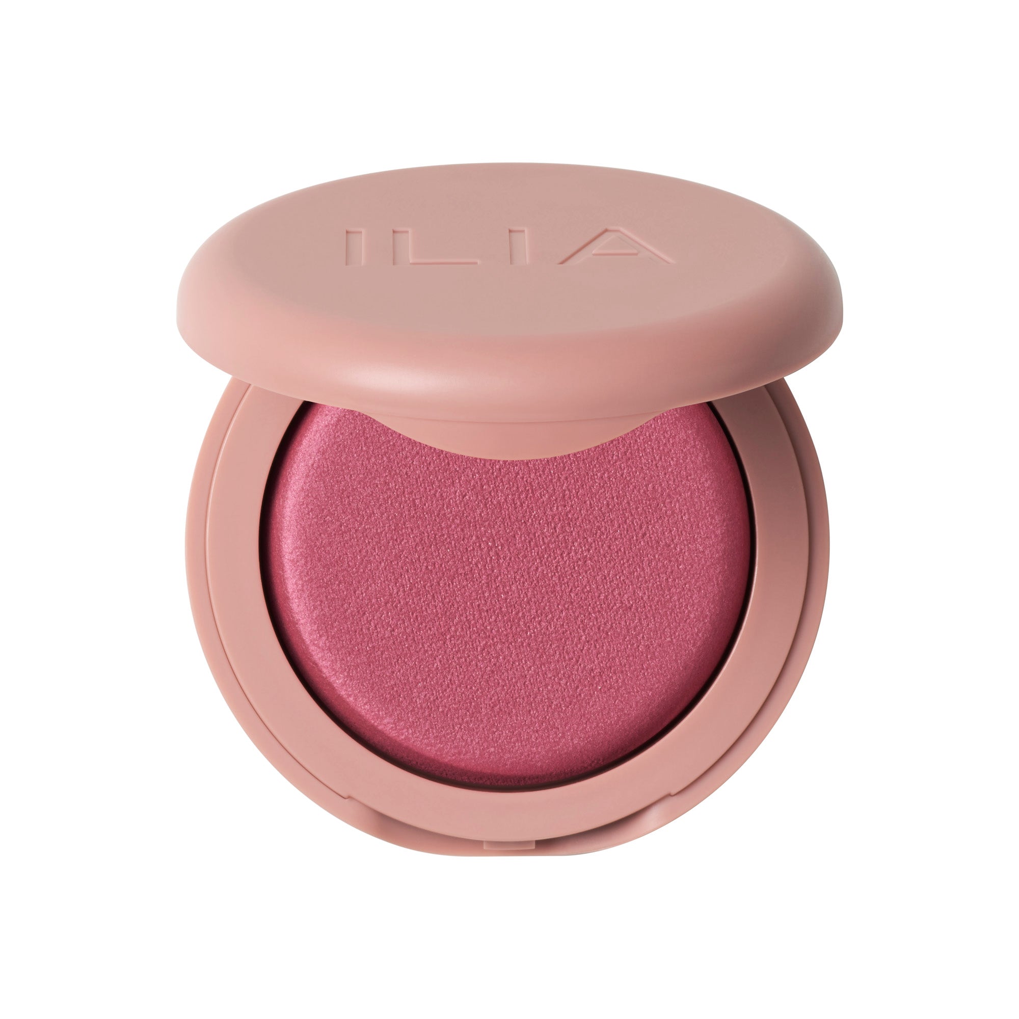 ILIA Soft Focus Blurring Blush in a pink compact jar with lid on white background, makeup