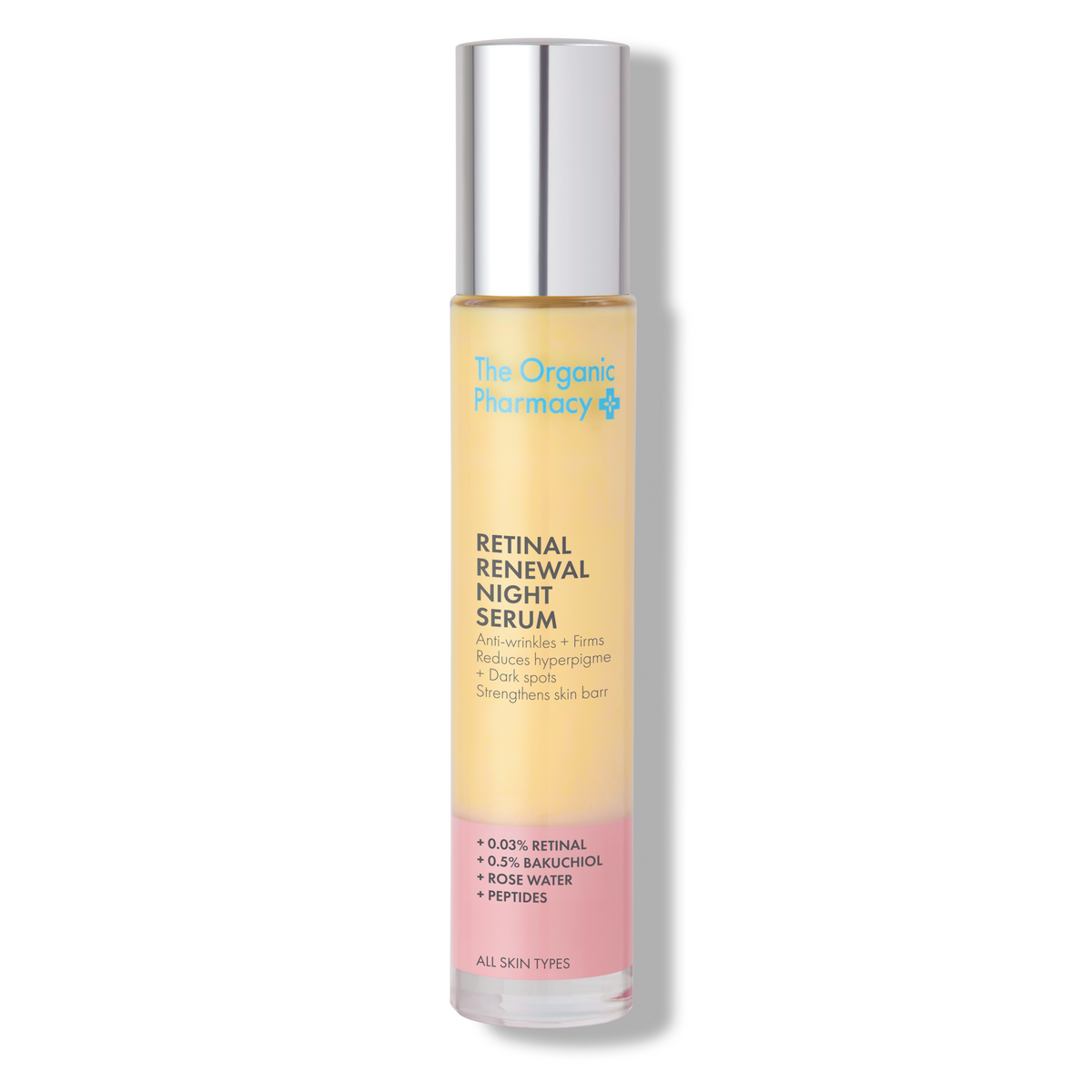 The Organic Pharmacy Retinal Renewal Night Serum in a bottle with a silver cap for skin care.