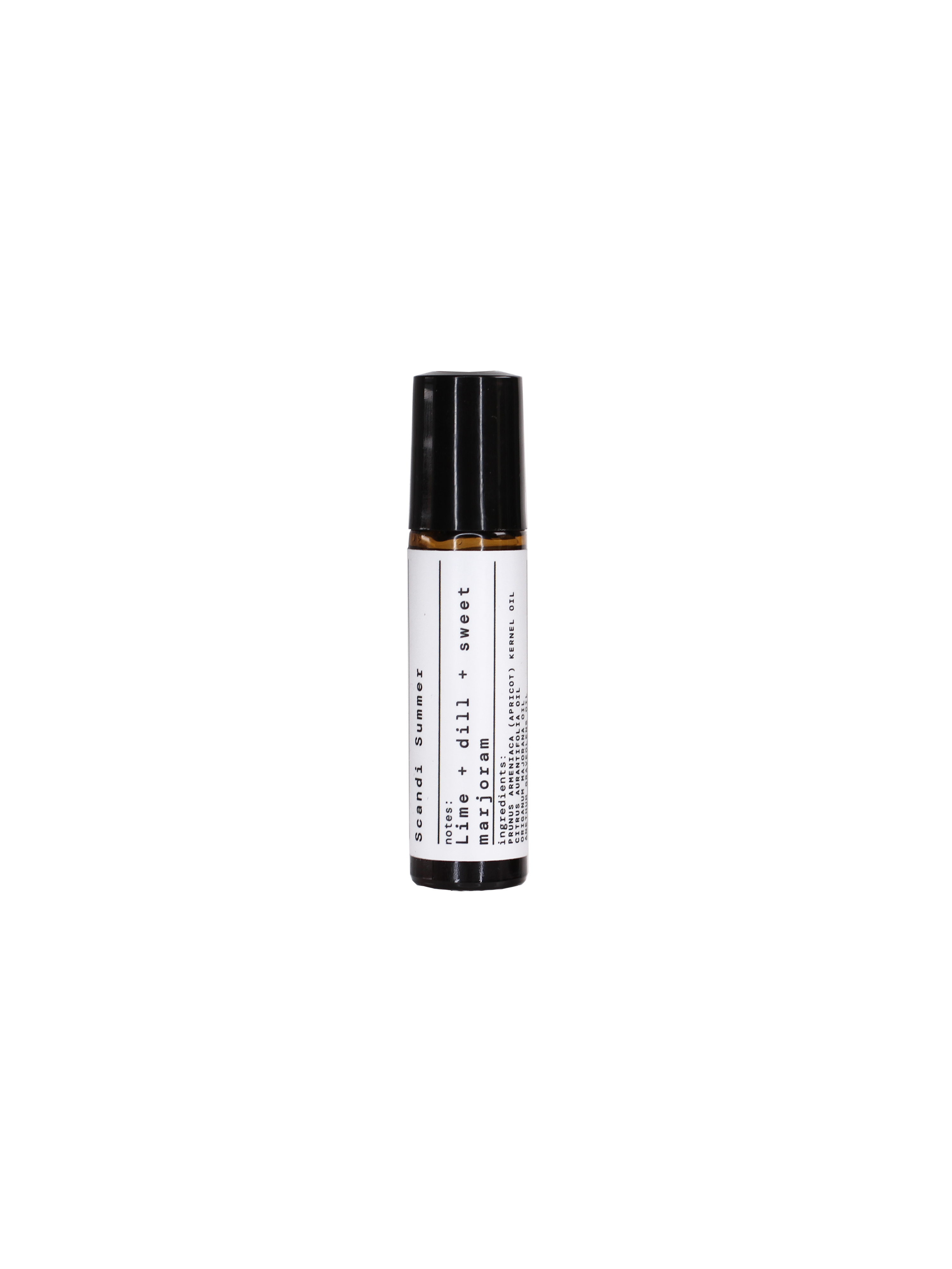 Scandi Summer Aroma Roll-On in einer Flasche mit schwarzem Verschluss auf schwarzem Hintergrund, Aromatherapie