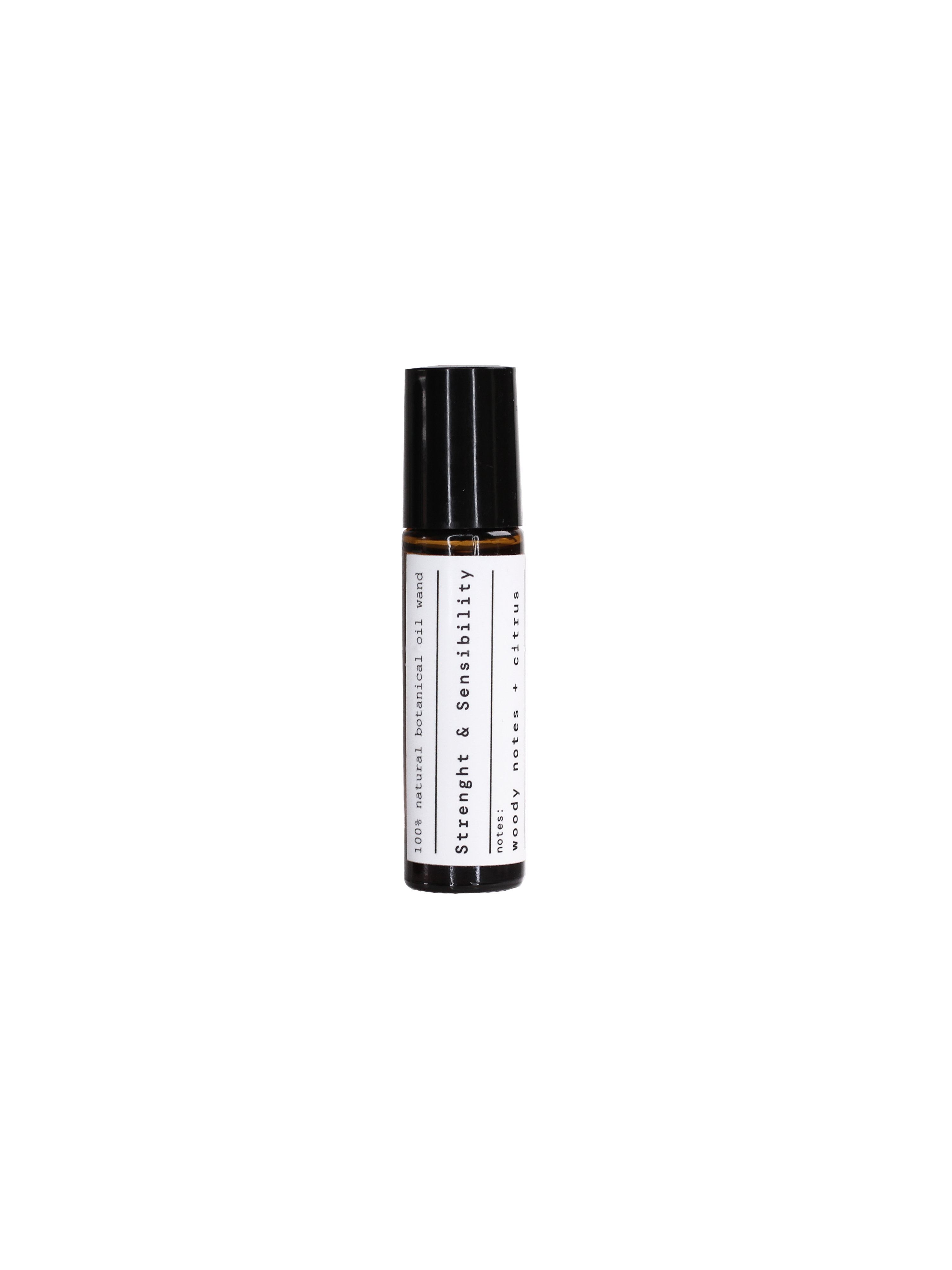 Strength & Sensibility Aroma Roll-On in brauner Glasflasche mit schwarzem Deckel auf schwarzem Grund, ätherisches Öl.