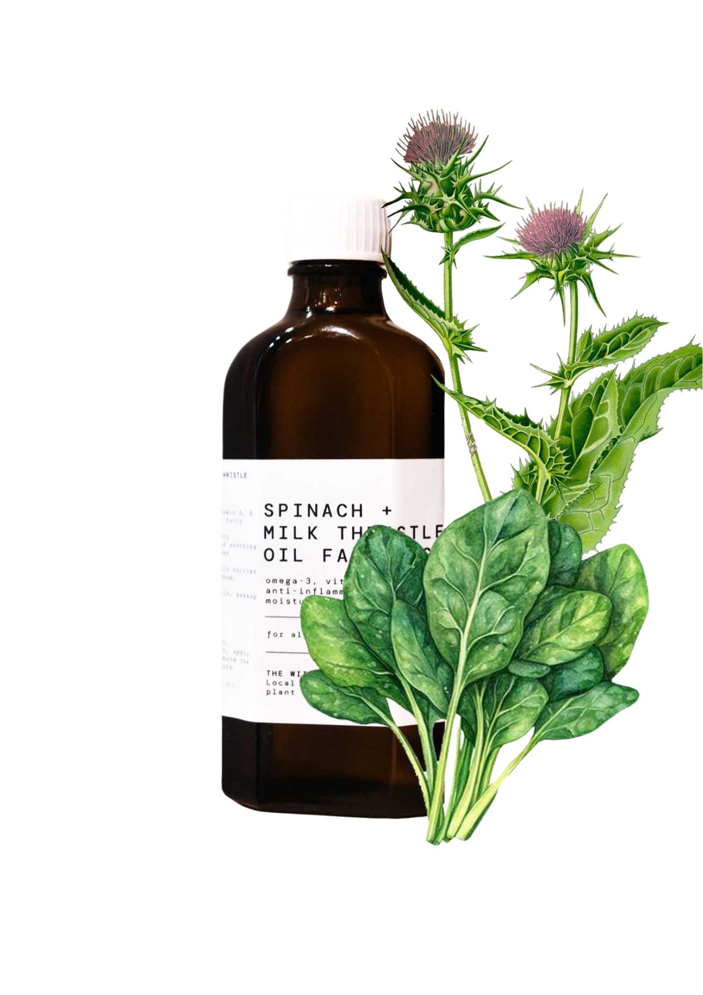 Brown bottle with white cap for Spinach + Milk Thistle Oil Face Wash on white background, skin care.