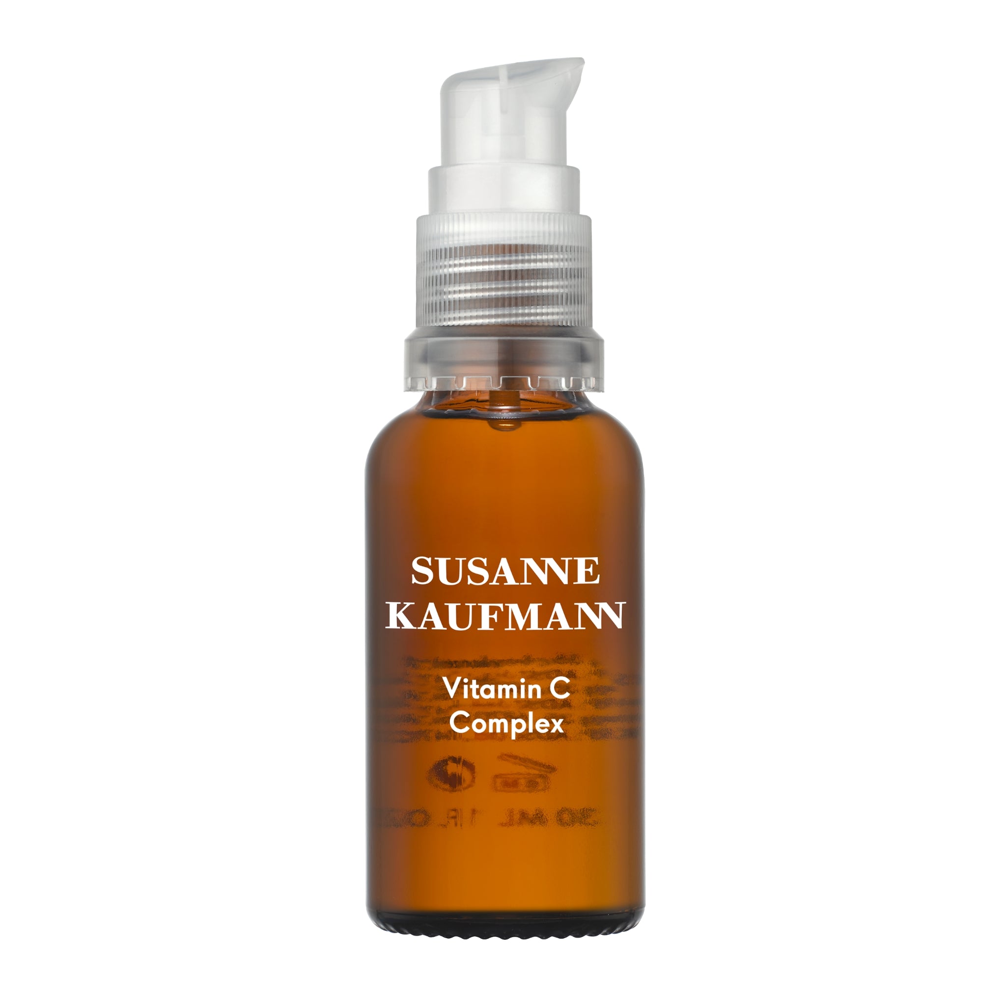 Susanne Kaufmann Vitamin C Komplex in der Glasflasche mit weißem Pumpspender auf weißem Grund, Hautpflege