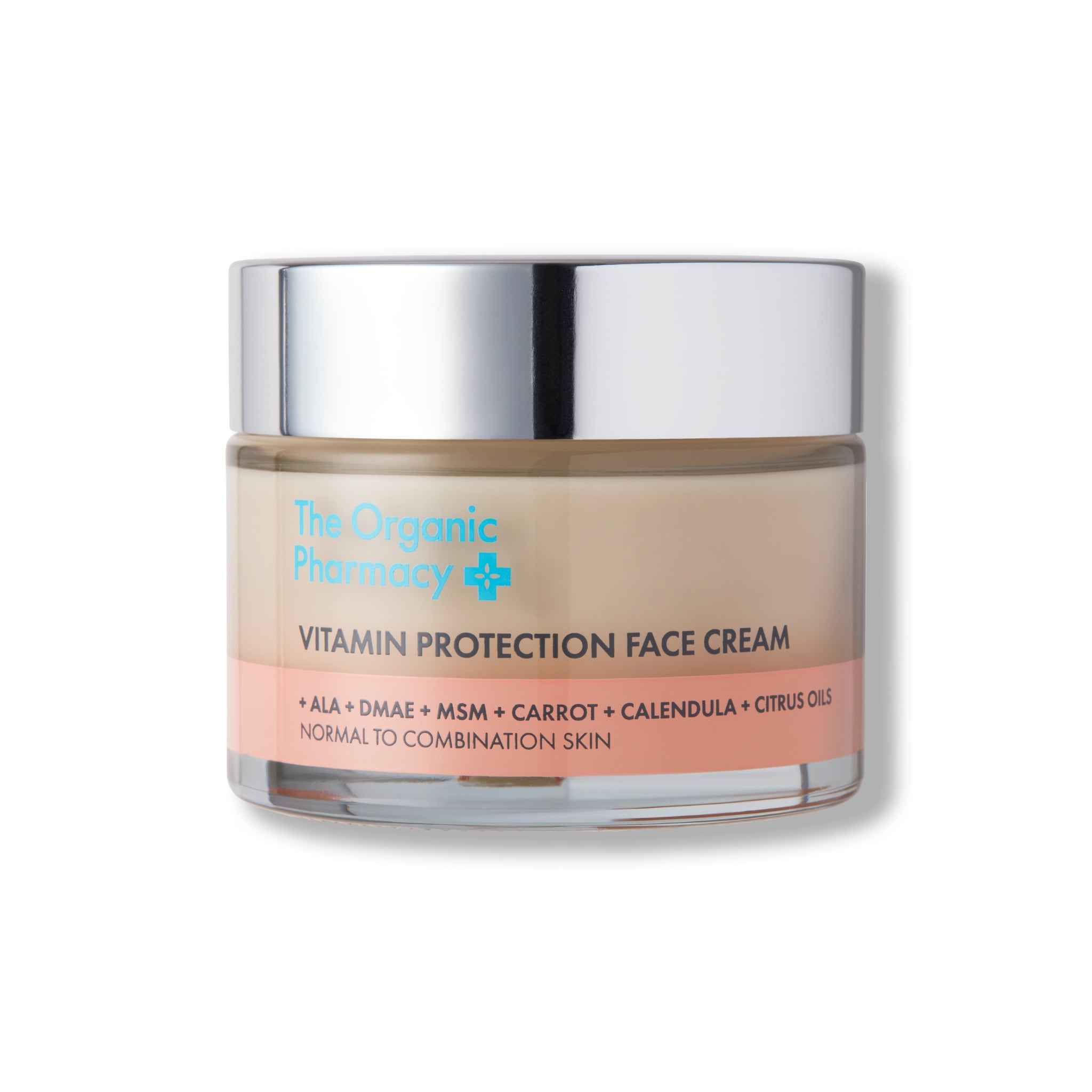 The Organic Pharmacy Vitamin Protection Face Cream im Glas mit Silberdeckel auf weißem Grund, Hautpflege
