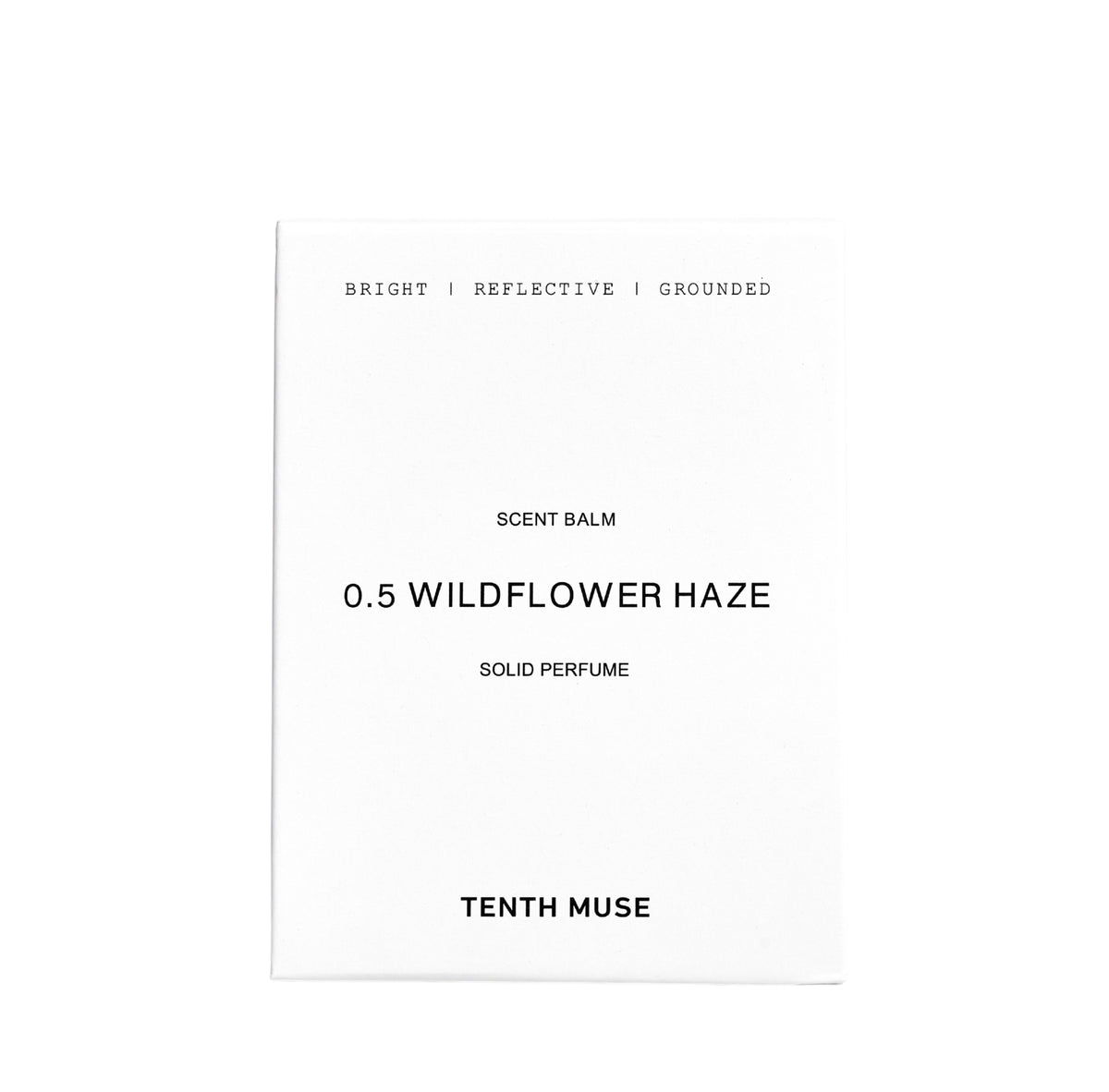 Tenth Muse 0.5 Wildflower Haze, white cardboard packaging of a solid perfume against a white background.