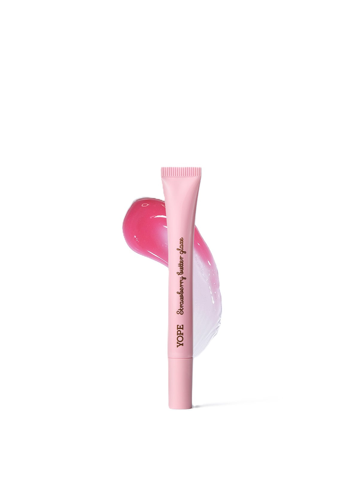 Lana V Strawberry Butter Glaze in einer rosa Tube vor weißem Hintergrund, Lippenpflege.