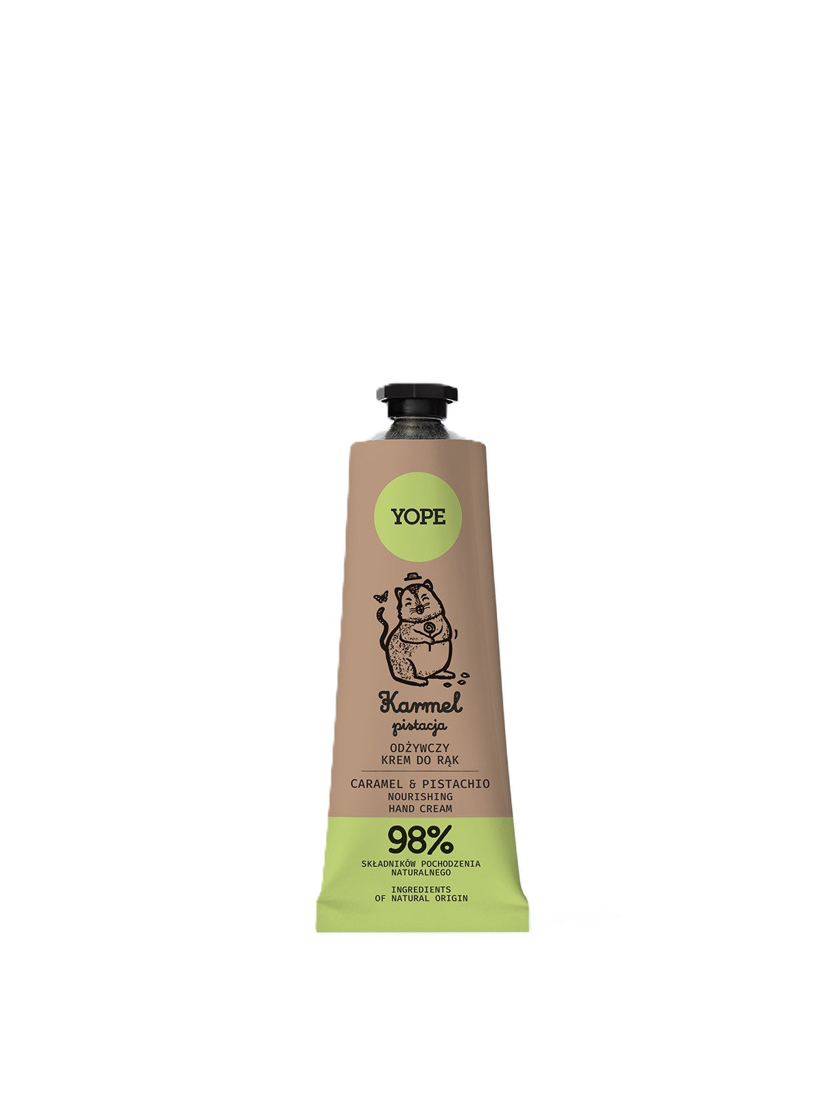 YOPE Caramel & Pistachio nourishing hand cream in a beige tube with a black cap, skin care.