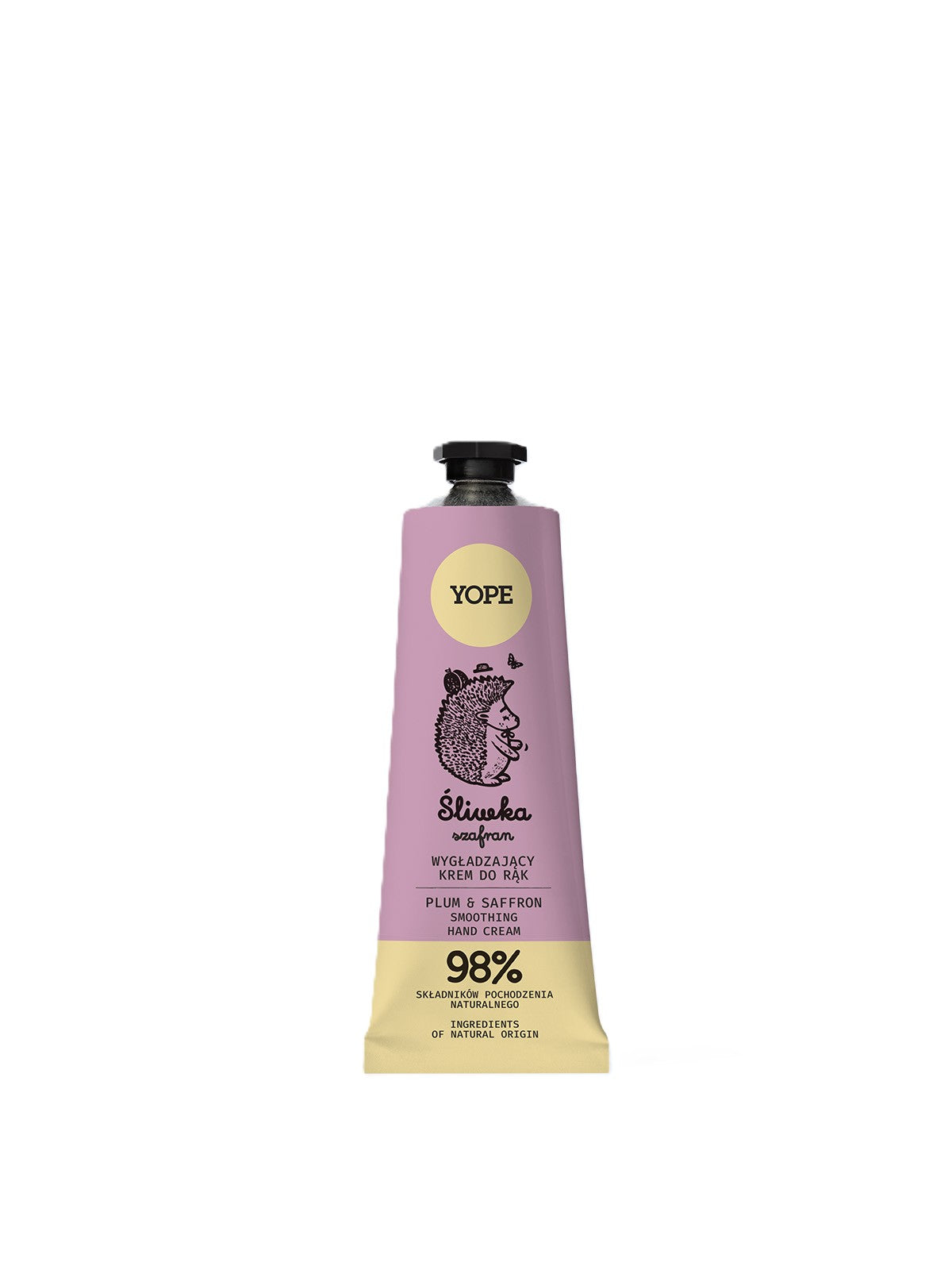 YOPE Saffron & Plum beruhigende Handcreme in einer lila Tube mit schwarzem Verschluss vor weißem Hintergrund, Hautpflege.