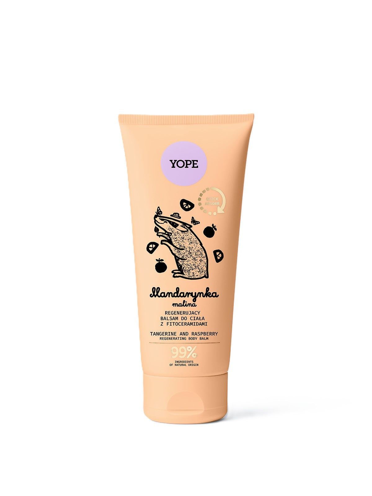 YOPE Tangerine and Raspberry Regenerating Body Balm in a peach-colored tube with a white cap, skin care.