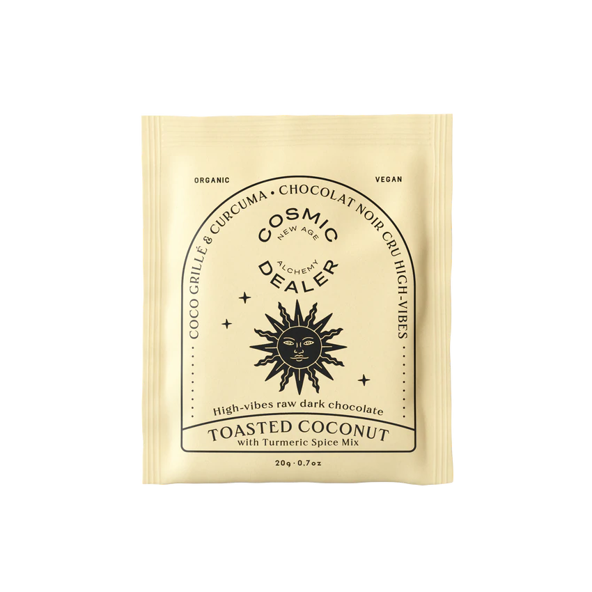 Cosmic Alchemy Dealer Toasted Coconut – cremefarbene Beutelverpackung 20g, schwarze Schrift, weißer Hintergrund – Gesundheit