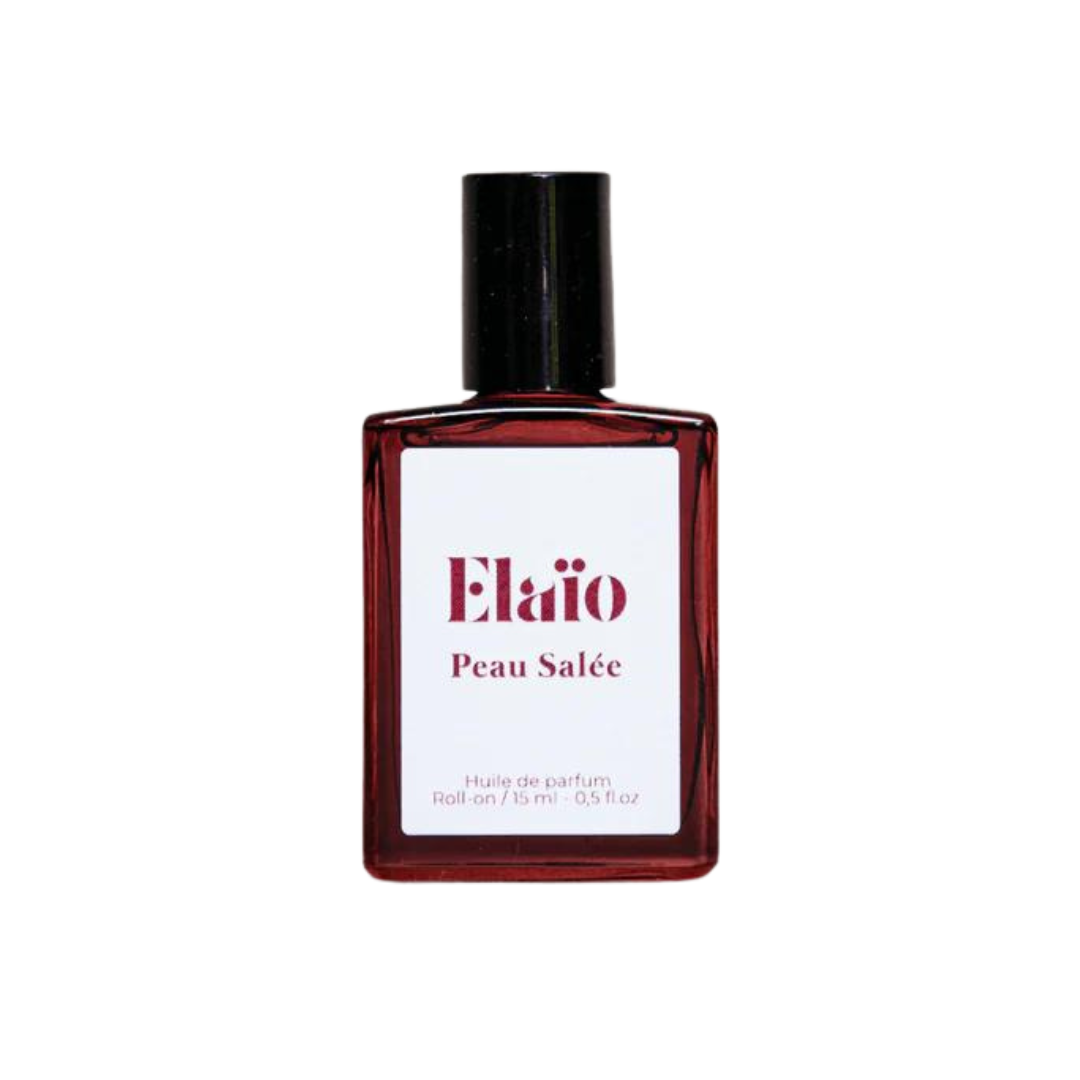Elaïo Peau Salée Parfümöl – dunkelrotes Roll-on-Fläschchen 15ml, schwarzer Deckel, weißer Hintergrund – Parfüm