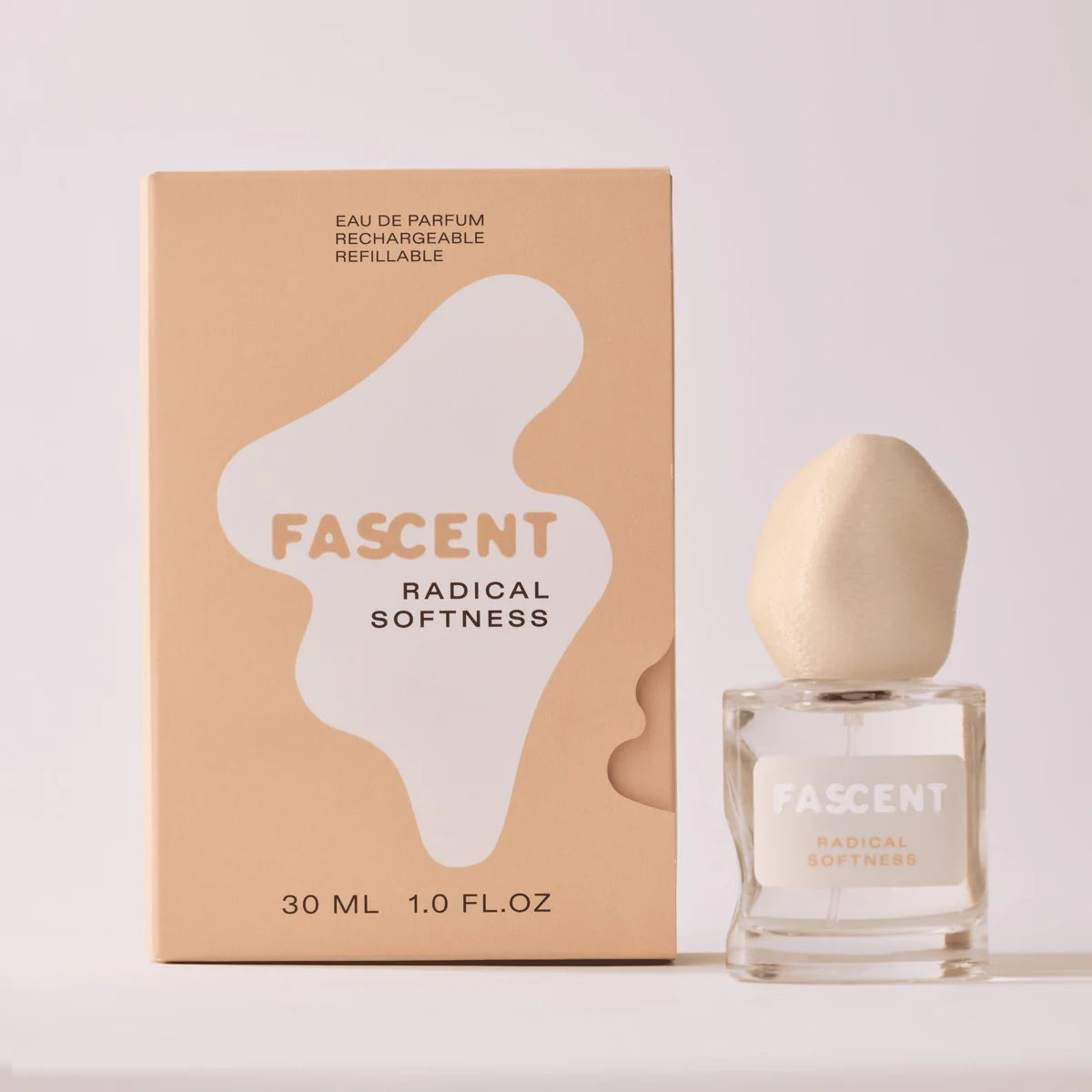Fascent Radical Softness Eau de Parfum – 30ml glass bottle with cream stone cap, beige box – perfume