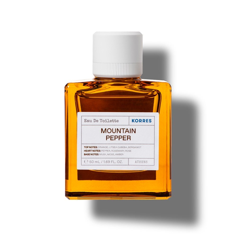 KORRES Mountain Pepper Eau de Toilette – bernsteinfarbene Glasflasche 50ml, weißer Deckel, weißer Hintergrund – Parfüm