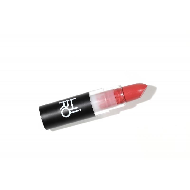 Woop Woop Lippenstift – schwarzer Tube, roter Stift, transparenter Deckel, weißer Hintergrund – Lippenpflege
