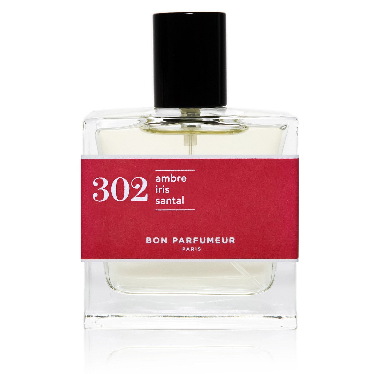 Bon Parfumeur 302 Amber – klares Glasfläschchen mit rotem Etikett, schwarzer Sprühkopf, weißem Hintergrund – Parfüm