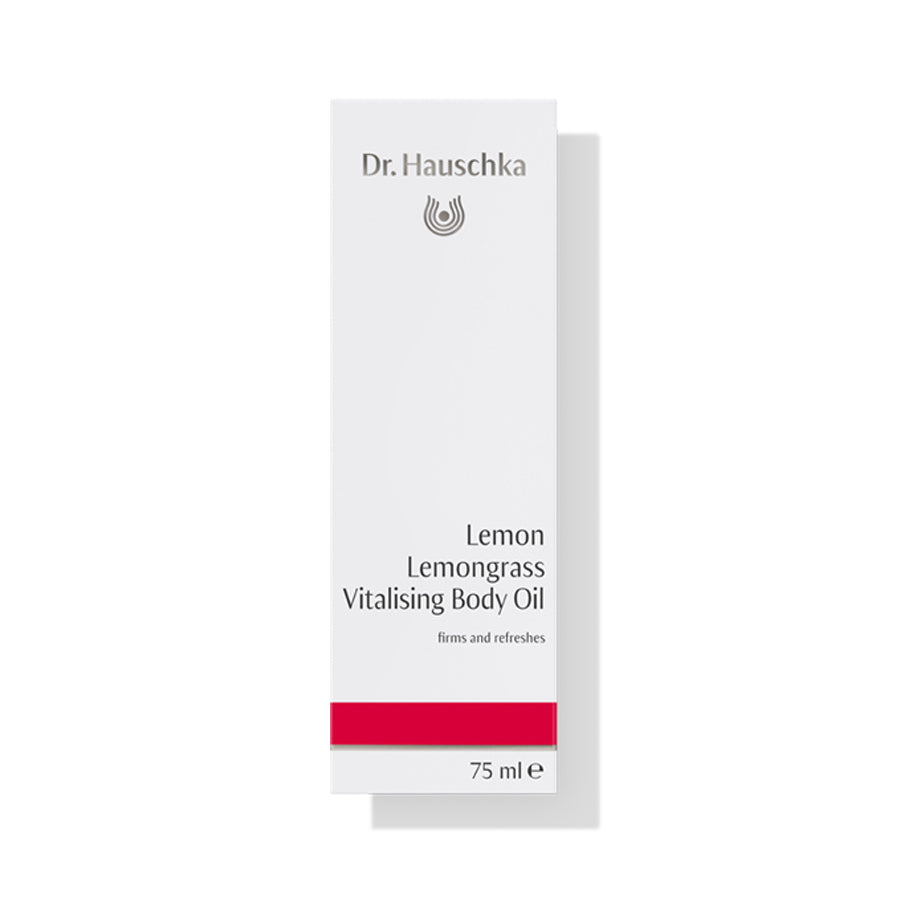 Dr. Hauschka Zitronen Lemongrass Pflegeöl – weißes Karton 75ml, roter Streifen, weißer Hintergrund – Körperpflege