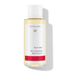 Dr. Hauschka Rosen Bad – durchsichtige Flasche mit weißem Deckel, rotem Streifen, weißem Hintergrund – Badeessenz