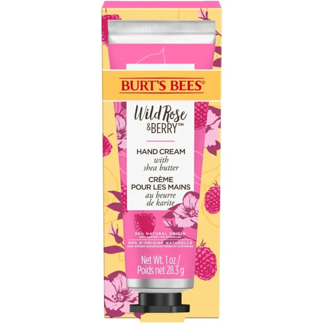 Burt's Bees Wild Rose & Berry Handcreme – rosa Tube 28,3 g, schwarzer Deckel, gelber Hintergrund – Hautpflege