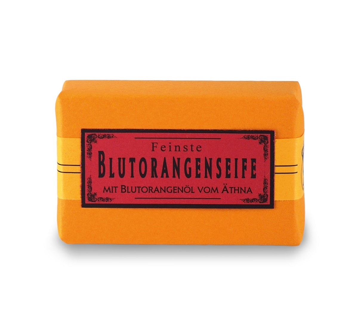 Feinste Blutorangenseife – orangefarbene Seife mit rotem Etikett, weißem Hintergrund – Hautpflege