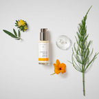 Dr. Hauschka Ausgleichendes Tagesfluid – durchsichtige Flasche mit Pumpspender, weiß-orangenes Etikett, weißer Hintergrund – Hautpflege