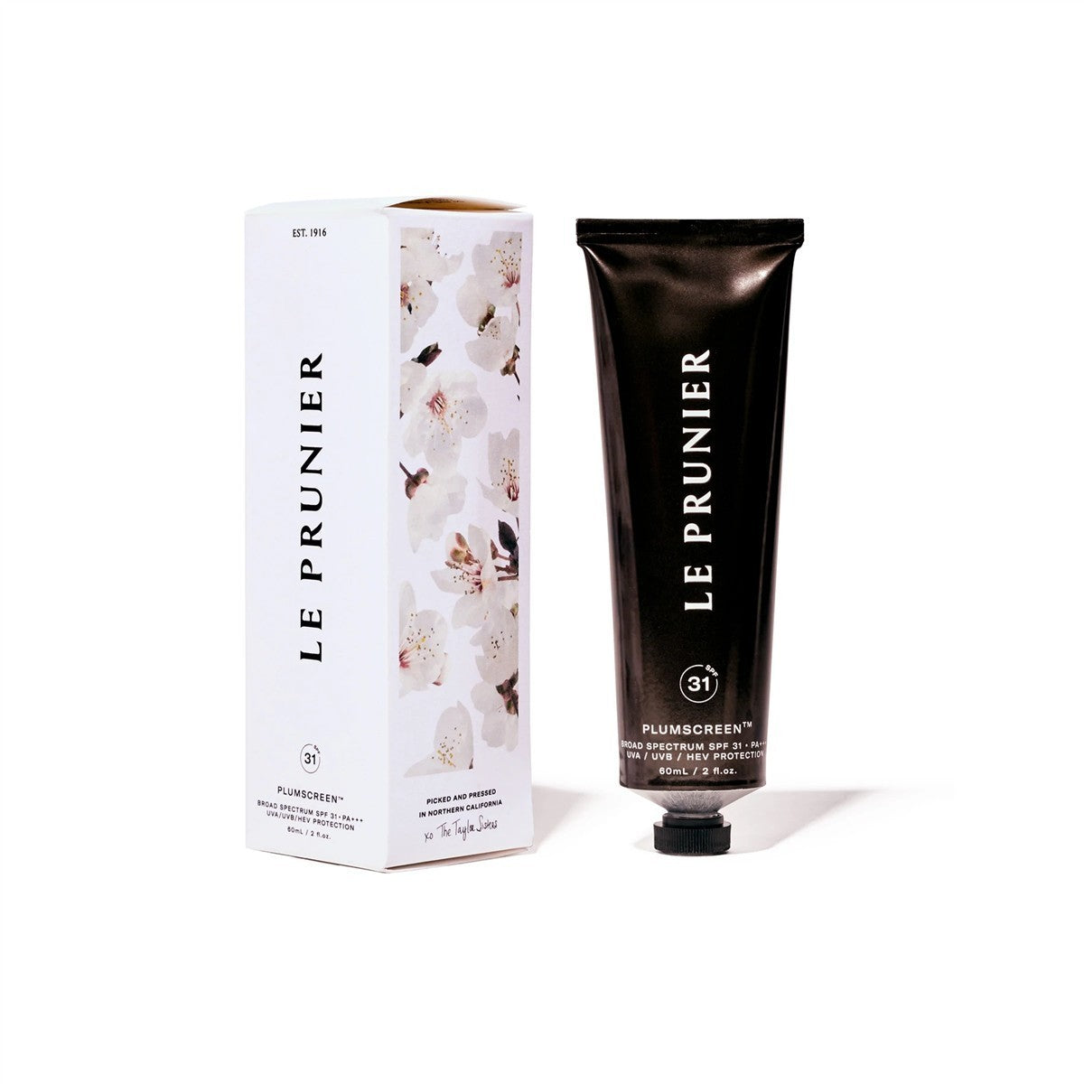 Le Prunier Plumscreen SPF 31 – schwarze Tube 60ml, schwarzer Verschluss, weißer Hintergrund – Hautpflege