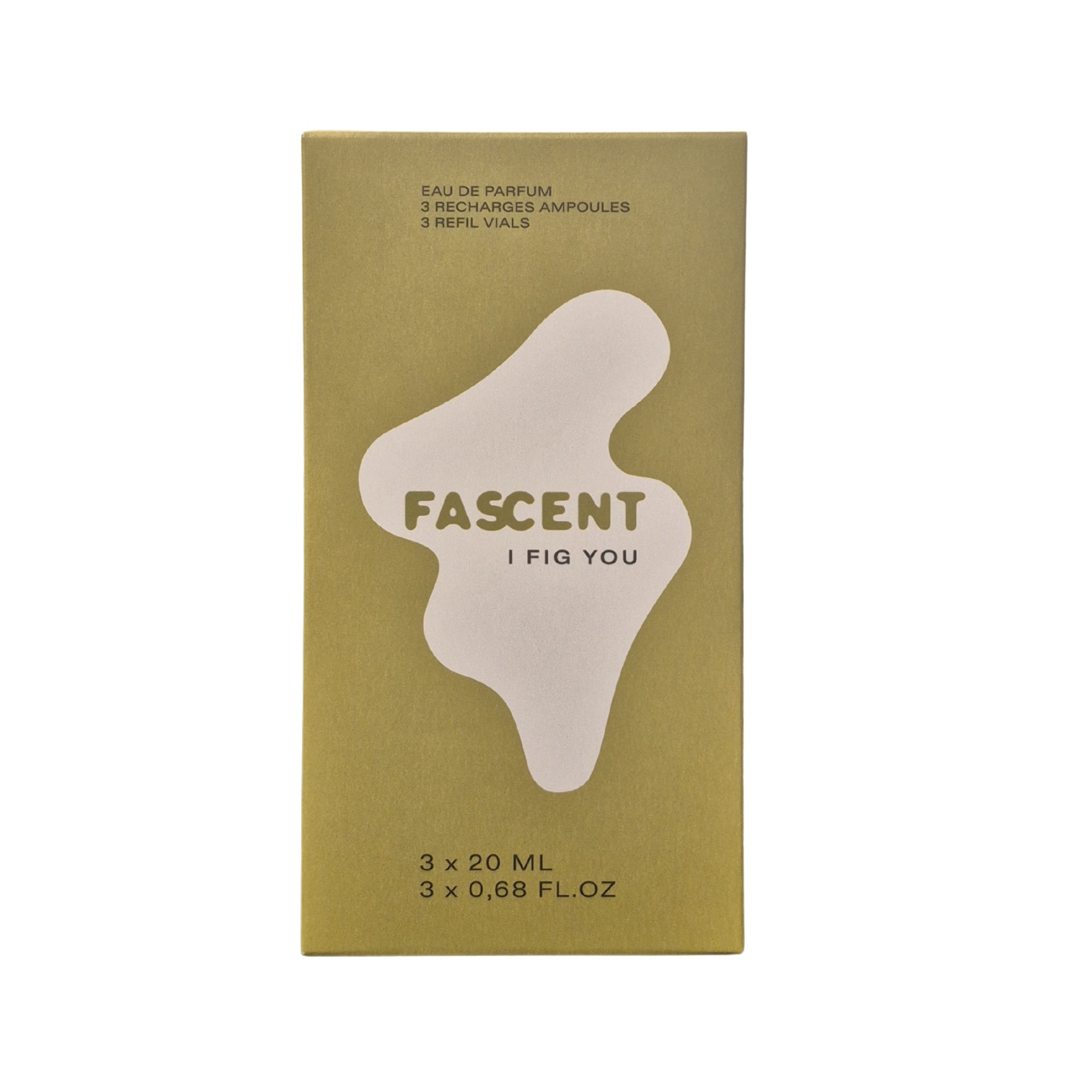 Fascent I Fig You Eau de Parfum – goldene Verpackung mit 3 x 20ml Nachfüllampullen, weißer Hintergrund – Parfüm
