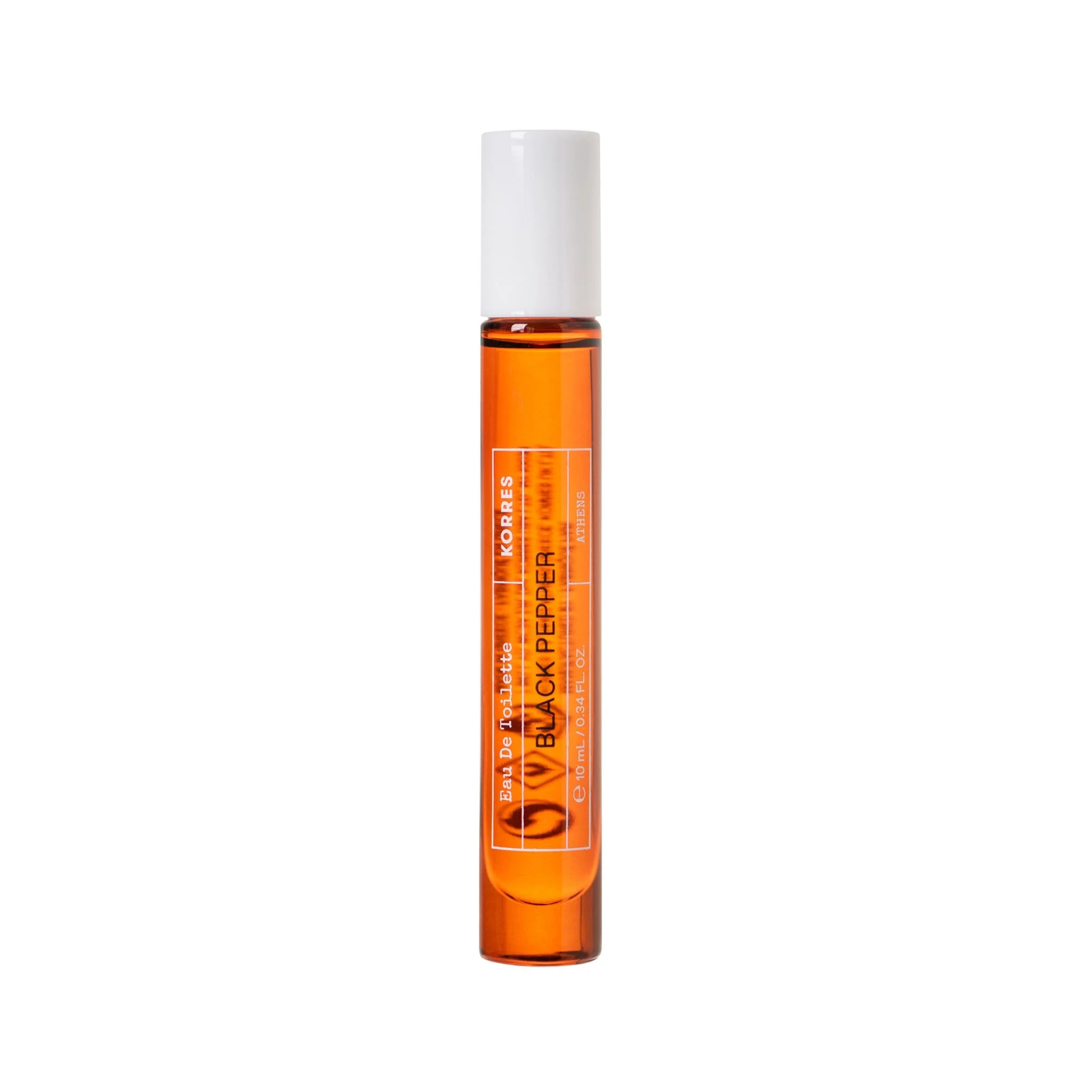 KORRES Black Pepper Eau de Toilette Roller – orangefarbene Glasflasche 10ml, weißer Deckel, weißer Hintergrund – Parfüm