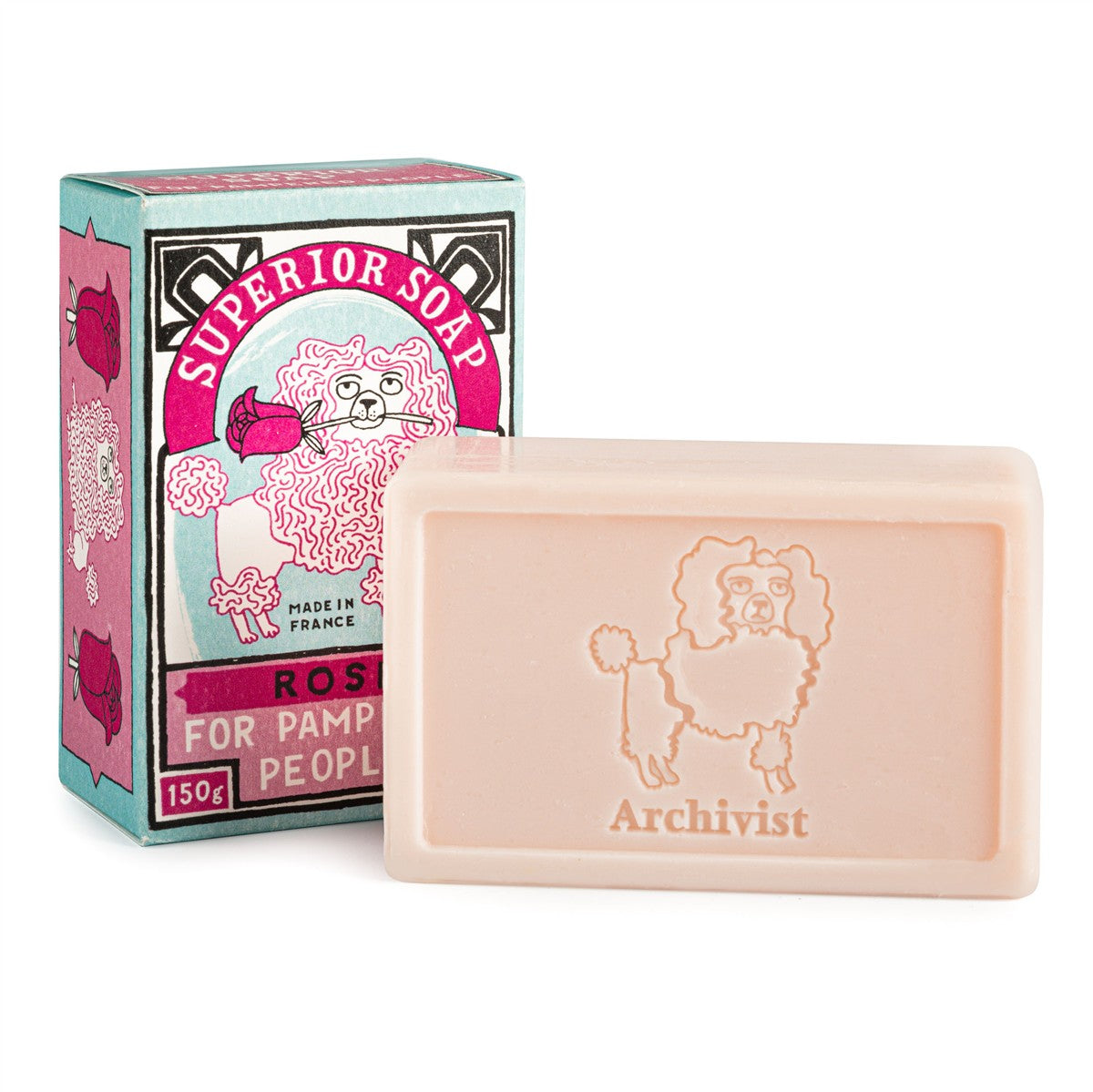 Archivist Rose Handseife – 150g Seifenstück mit Pudel-Relief, rosafarbene Verpackung, weißer Hintergrund – Hautpflege