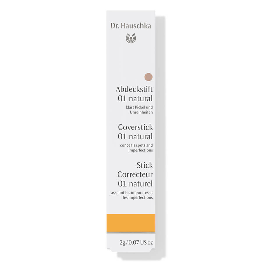 Dr. Hauschka Abdeckstift 01 natural – weißer Karton, 2g, orangefarbener Streifen, weißer Hintergrund – Make-up