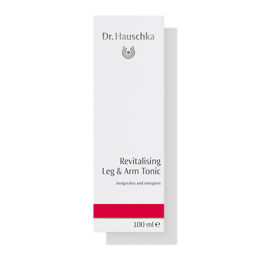 Dr. Hauschka Beintonikum – weißes Kartonpaket 100 ml, roter Streifen, weißer Hintergrund – Körperpflege