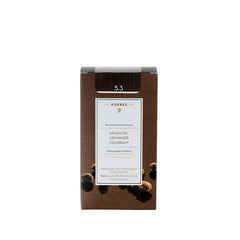 KORRES Arganöl Permanent Haarfarbe 5.3 Gold/Honig Hellbraun – braune Kartonverpackung, weißer Hintergrund – Haarpflege