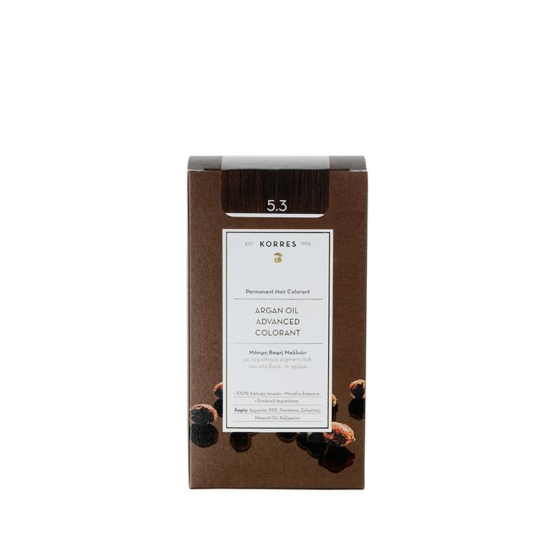 KORRES Arganöl Permanent Haarfarbe 5.3 Gold/Honig Hellbraun – braune Kartonverpackung, weißer Hintergrund – Haarpflege