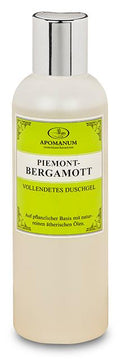 Apomanum Piemont Bergamott Duschgel – cremefarbene Flasche mit silbernem Deckel, grünem Etikett, weißem Hintergrund – Duschpflege