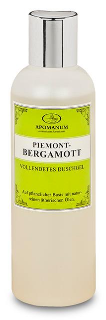 Apomanum Piemont Bergamott Shower Gel – cream-colored bottle with silver cap, green label, white background – shower care