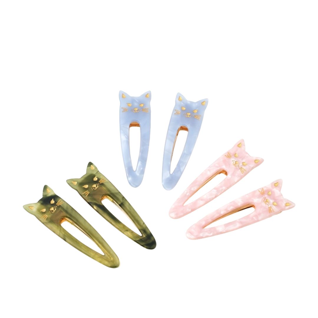 Katze Oval Hair Clip – five cat-shaped hair clips in pastel colors on white background – hair styling