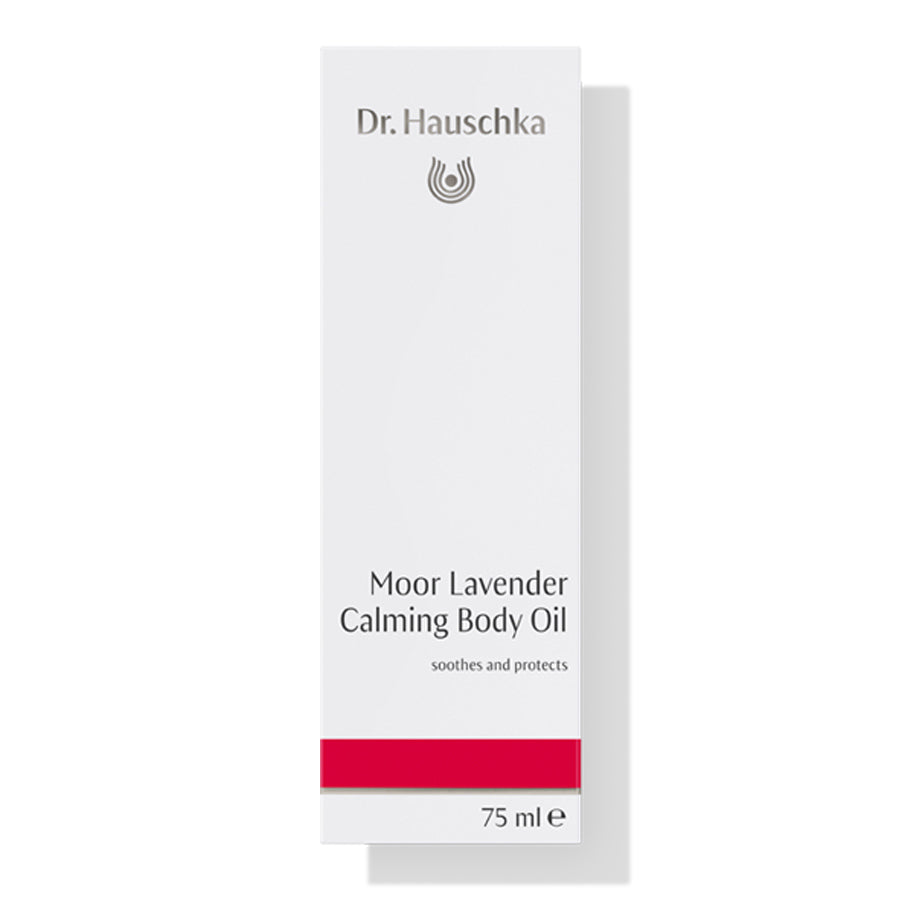 Dr. Hauschka Moor Lavendel Pflegeöl – weißes Karton 75ml, roter Streifen, weißer Hintergrund – Körperpflege