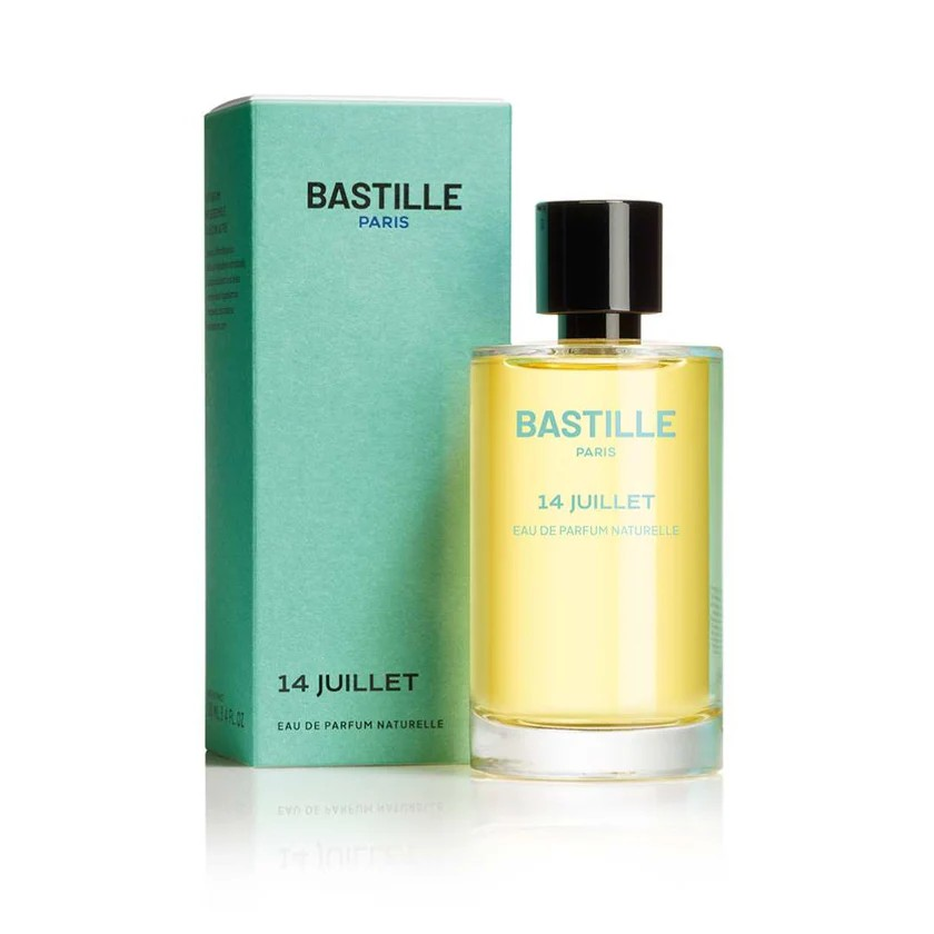Bastille Paris 14 Juillet Eau de Parfum – yellow bottle with black cap, mint green box, white background – perfume