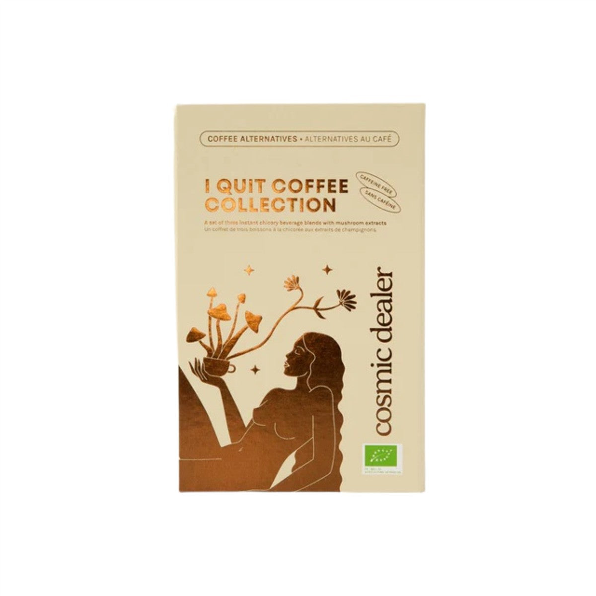 Cosmic Dealer I Quit Coffee Collection – cream cardboard box, brown illustration, white background – wellness