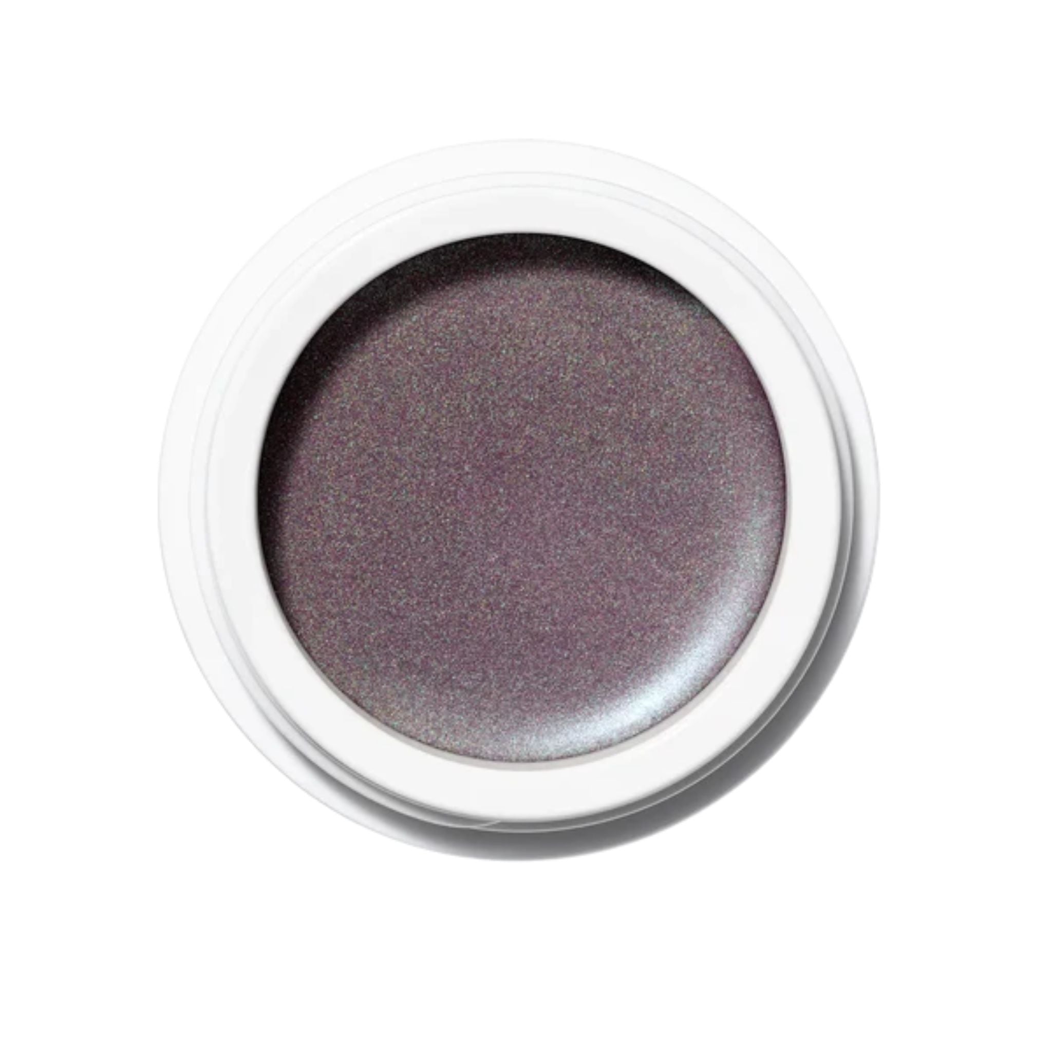 Eye Glow Colour Lidschatten im weißen Tiegel mit lila-grauer Farbe auf weißem Hintergrund, Augen-Make-up