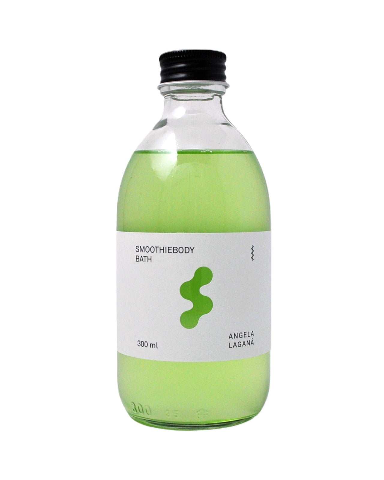 Smoothiebody Bath Vanilla Bergamot – grüne Flüssigkeit in Glasflasche 300ml, schwarzer Deckel, weißer Hintergrund – Körperpflege