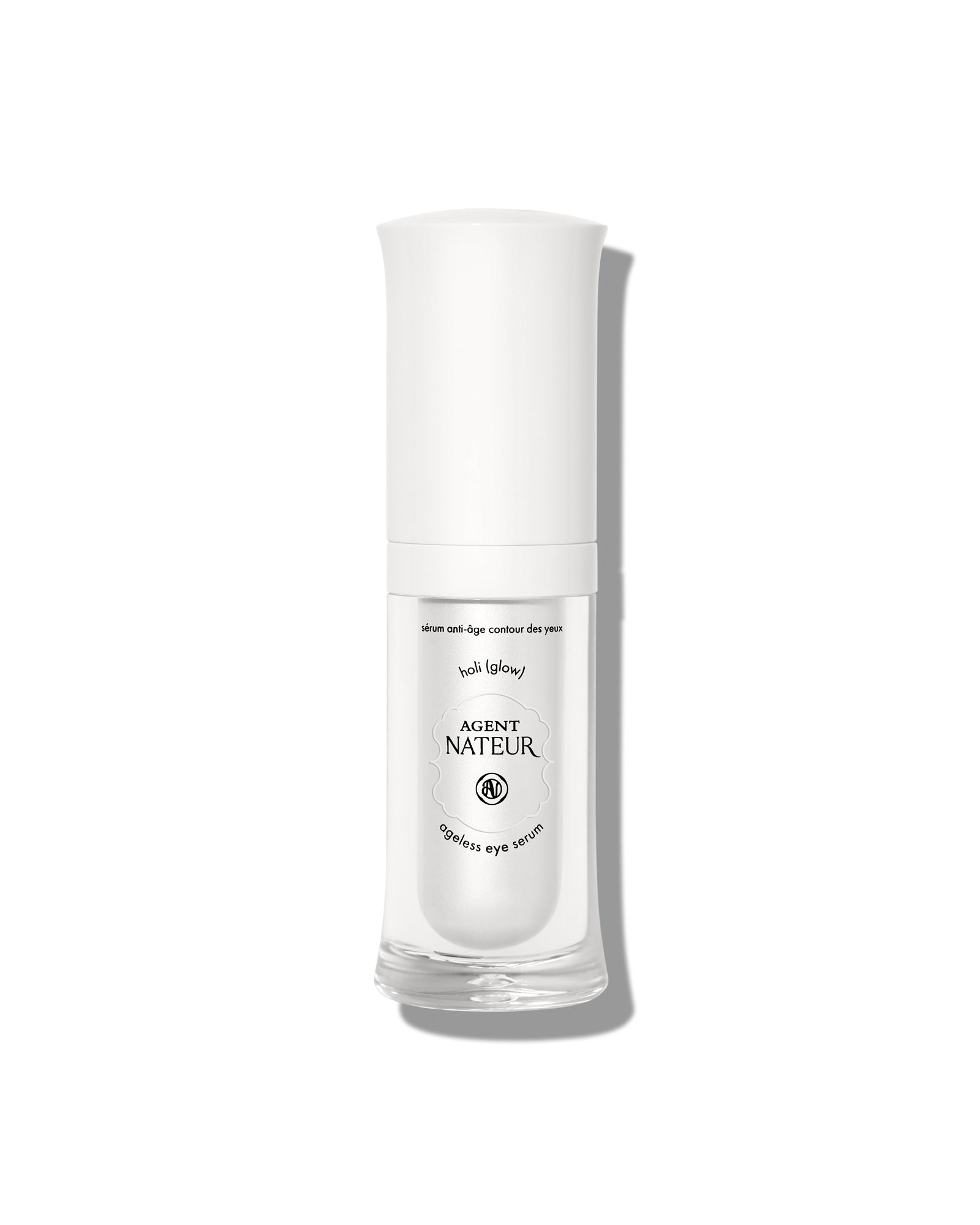 Agent Nateur Holi(glow) Ageless Eye Serum – klares Glasfläschchen mit weißem Deckel, weißer Hintergrund – Augenserum
