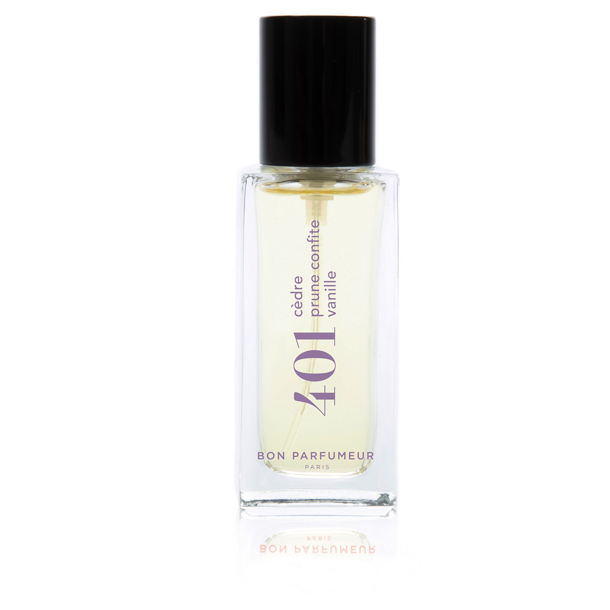 Bon Parfumeur 401 Cedar – klares Glasfläschchen mit schwarzem Verschluss, weißem Hintergrund – Parfüm