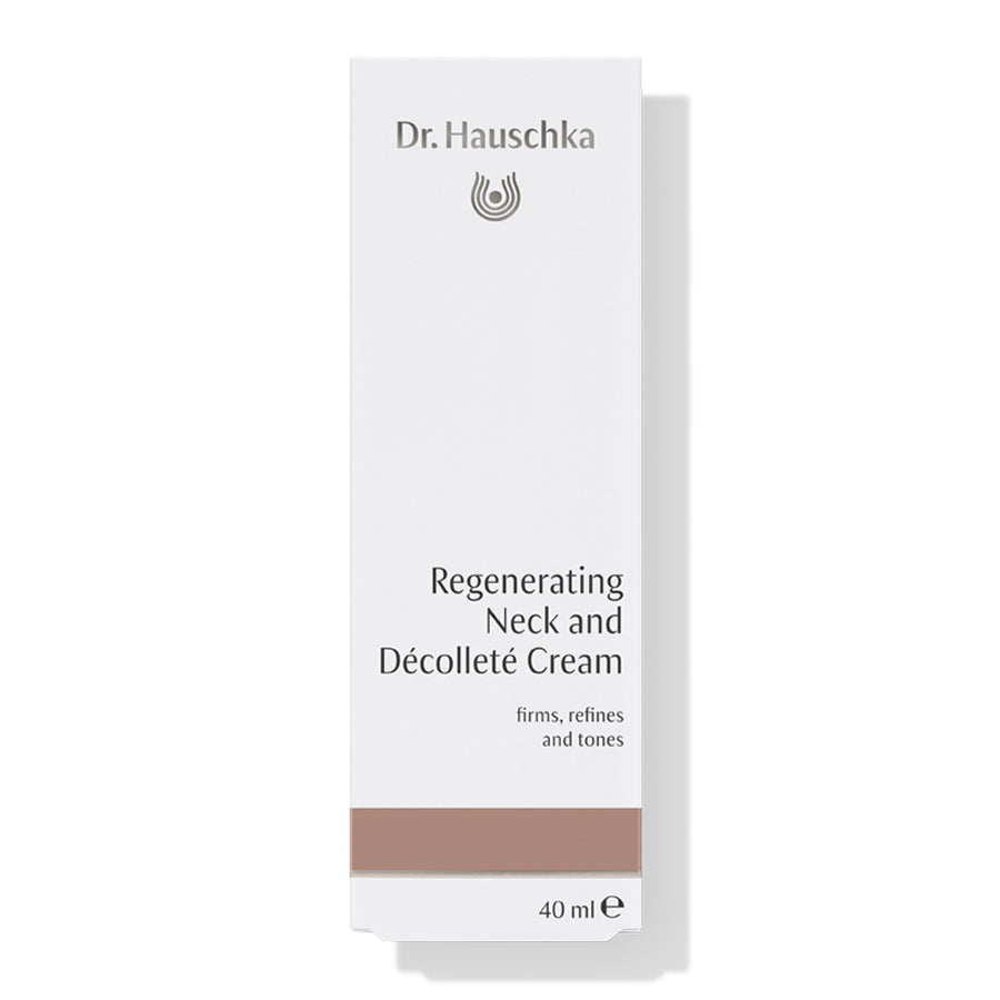 Dr. Hauschka Regeneration Hals- und Décolletécreme – weiße Kartonverpackung 40ml, brauner Streifen, weißer Hintergrund – Hautpflege