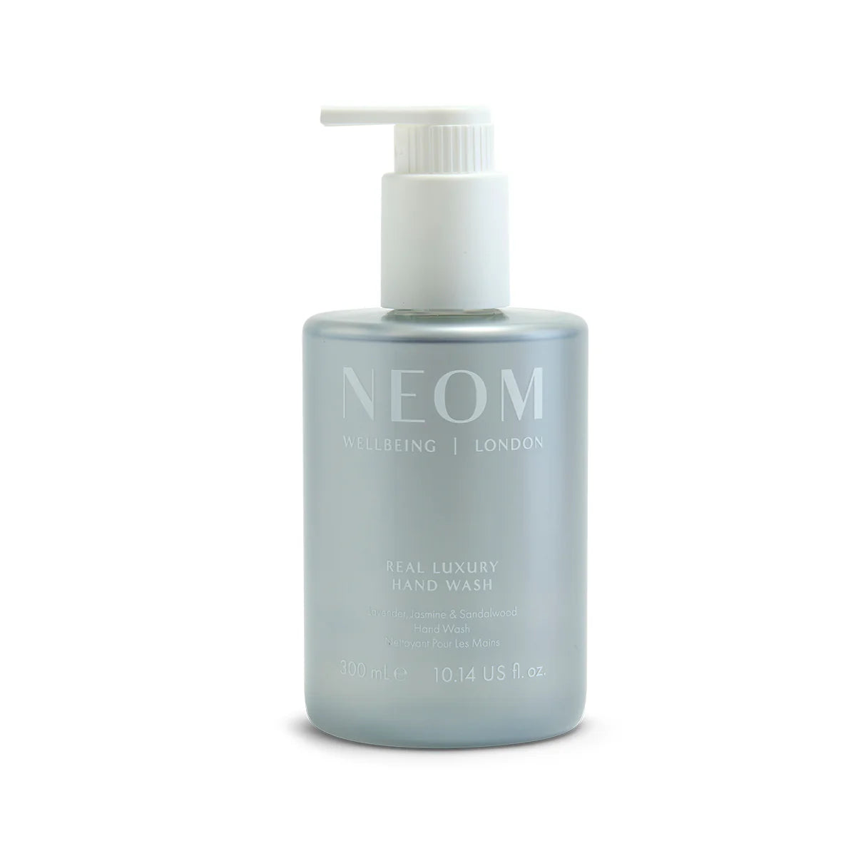 NEOM Real Luxury Hand Wash – 300ml Flasche mit Pumpspender, hellblauer Hintergrund – Handpflege