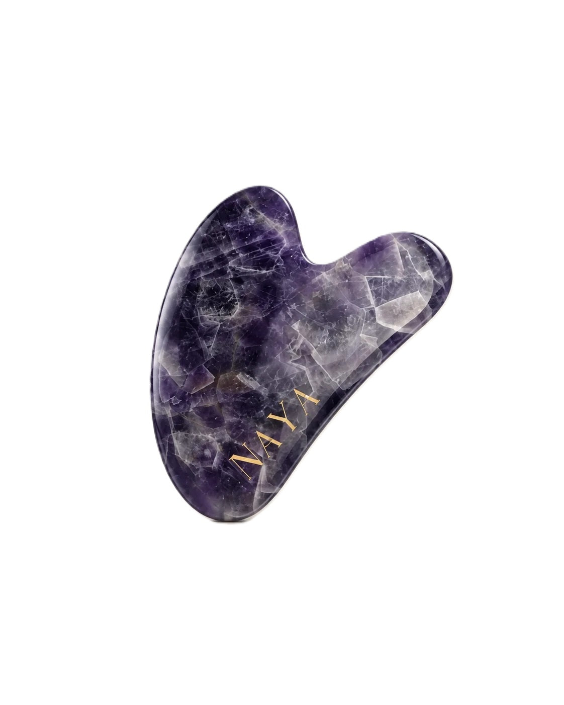 NAYA Amethyst Gua Sha, ein lila geschliffener Massagestein aus Amethyst auf weißem Hintergrund.
